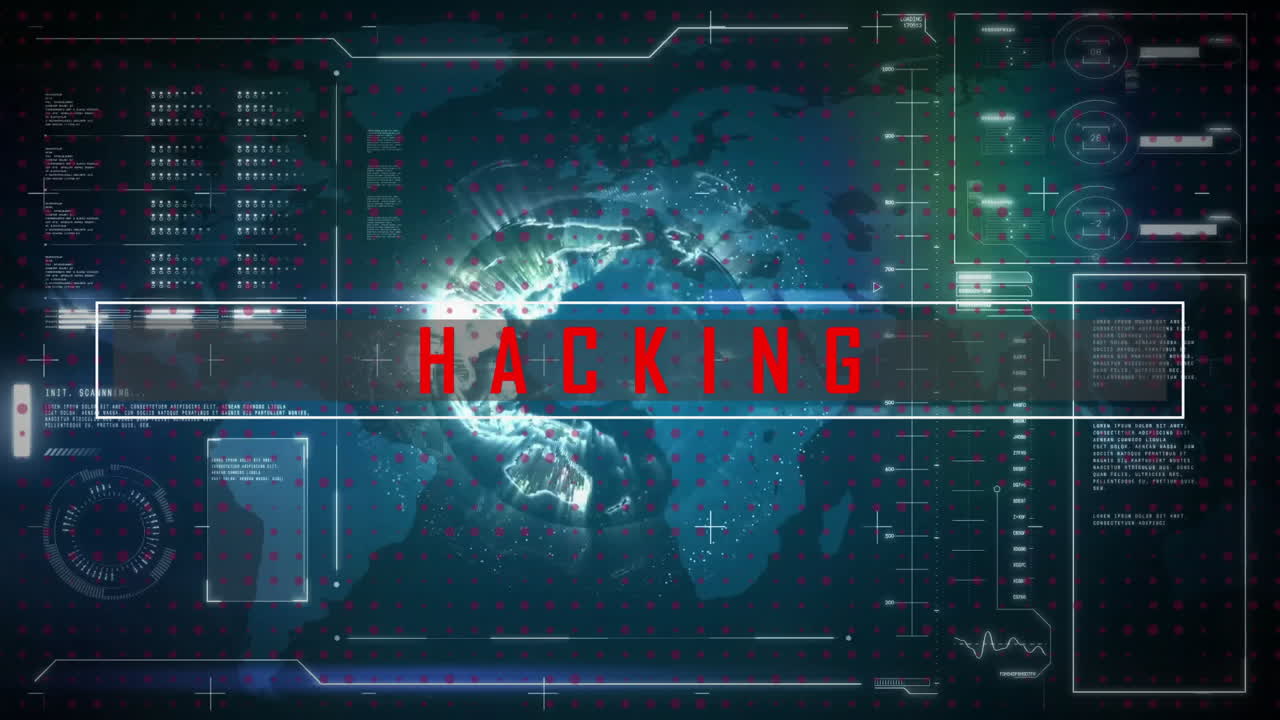 animación de procesamiento de datos y mapa del mundo sobre el globo y hacking de texto