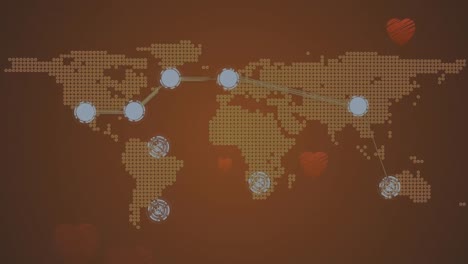 Animation-Des-Netzwerks-Von-Verbindungen-Mit-Covid-19-Symbolen-Auf-Der-Weltkarte