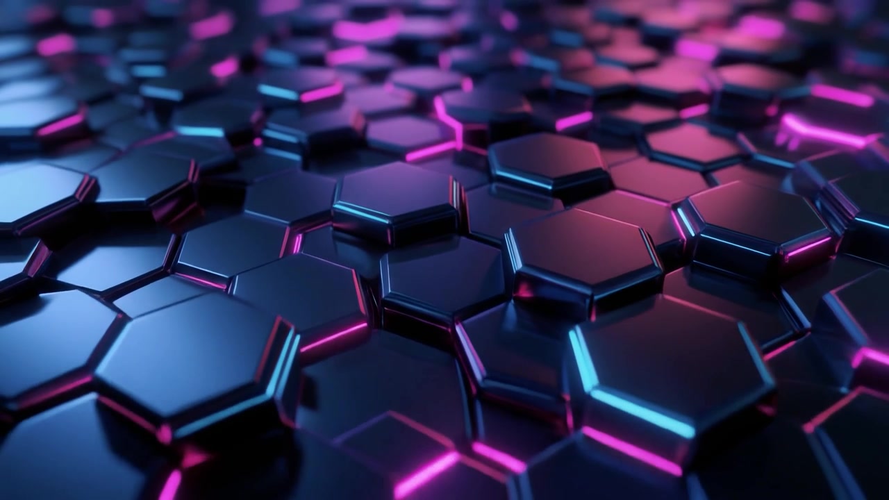 Abstract Background of Moving Metallic Hexagons with Neon Lighting