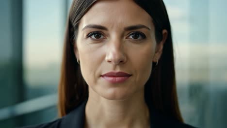 businesswoman changing her facial expression from neutral to a smile in front of a blurred office window