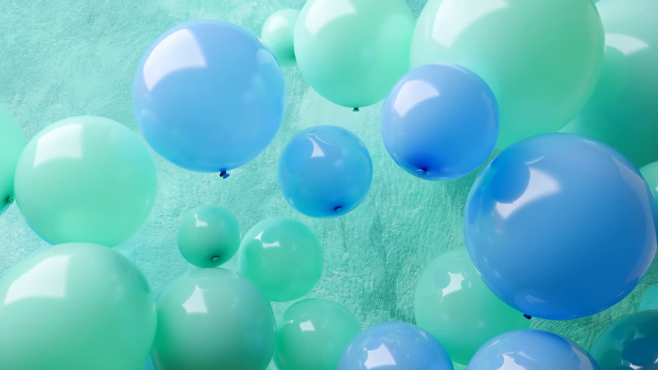 Palloncini azzurri e verdi pastello che fluttuano dolcemente.