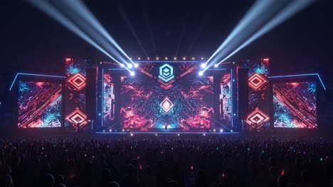 an electrifying music festival experience featuring a stunning stage design with vibrant light displays and captivating visuals that engage the crowd in an unforgettable atmosphere
