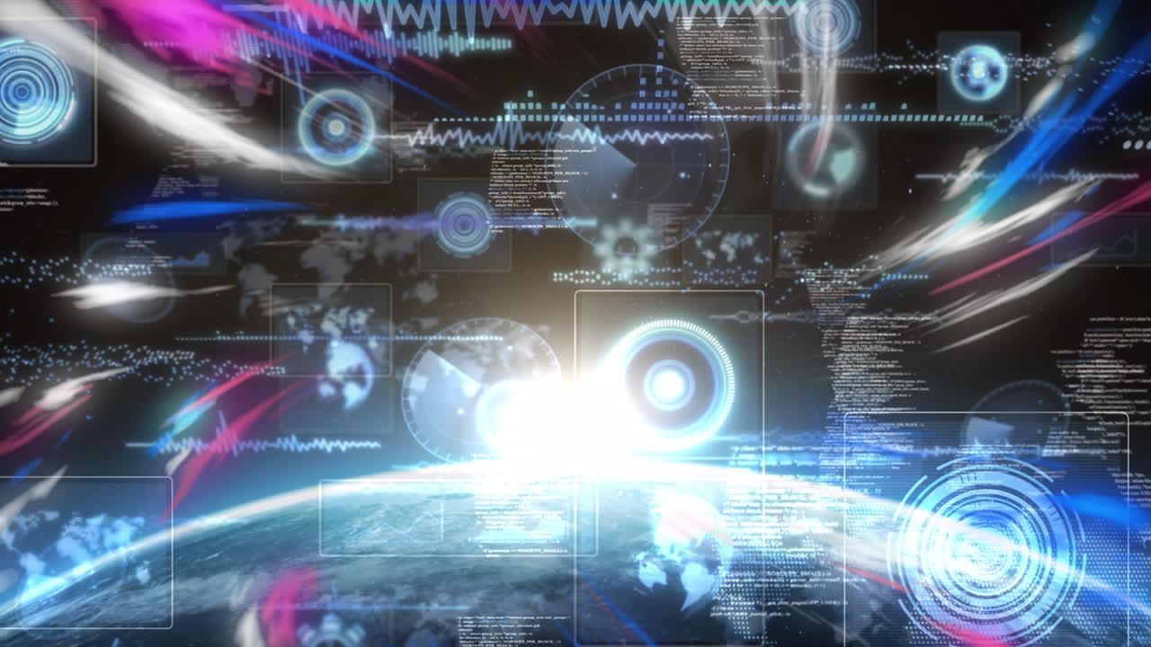 기술 아이콘과 지구상에서 빠르게 움직이는 파란색과 분홍색 불빛의 애니메이션