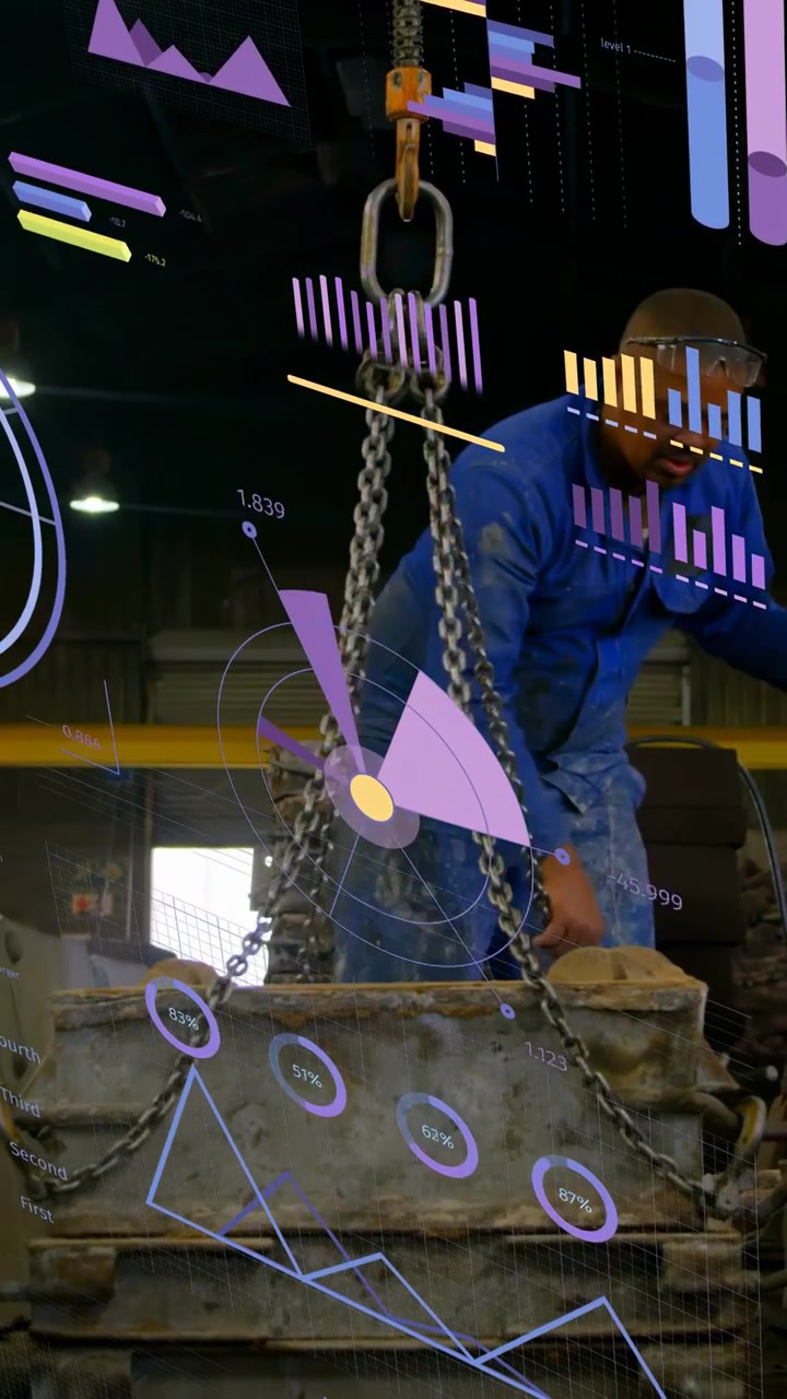 Vertical video: Tech guiding engine slings using yellow pendant for repair purple or yellow overlay