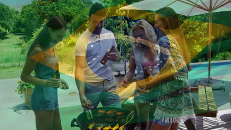 animation of flag of brazil over diverse group of friends having party outdoors