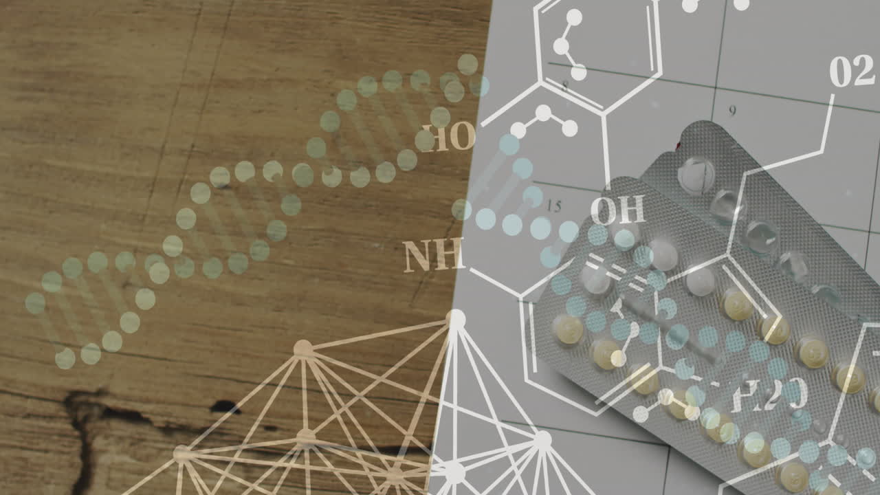 요소, 네트워크 및 dna 가닥의 애니메이션이 달력과 피임약을 통해 이동합니다.