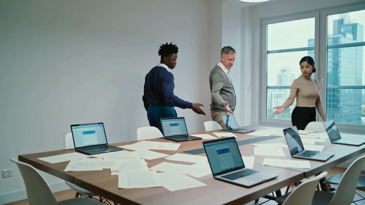 Entering meeting room trio wearing business wear checking table pointing at laptops and papers