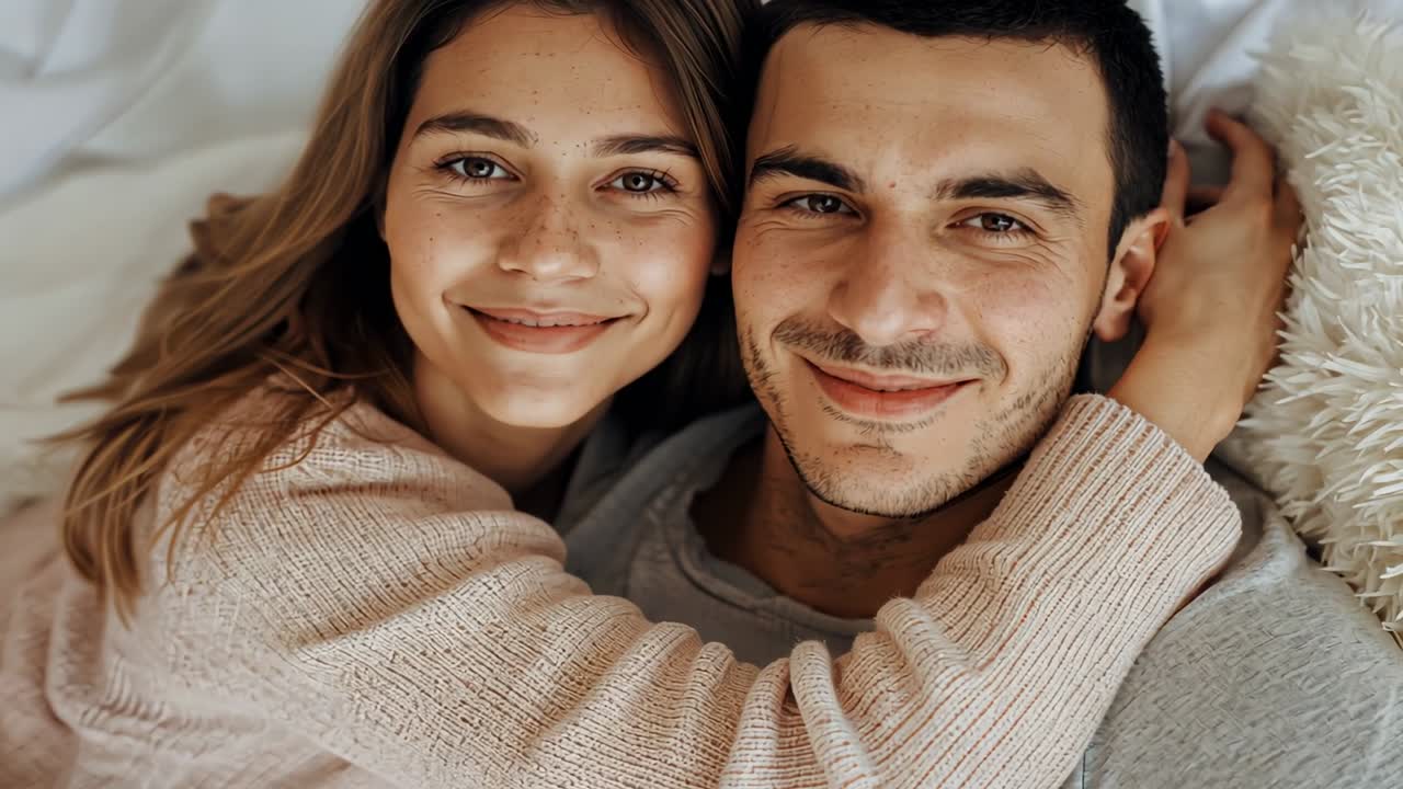 Câmera começando com um plano geral de cima, capturando um casal se abraçando em roupas de cama brancas e, ao mesmo tempo, revelando sardas ao dar zoom