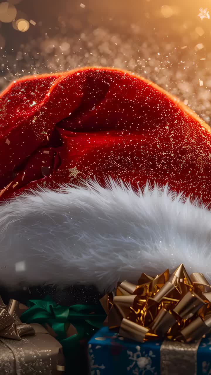 Vertical video: Light rising, glitter falling dusting velvet Santa hat on table, making gifts glow