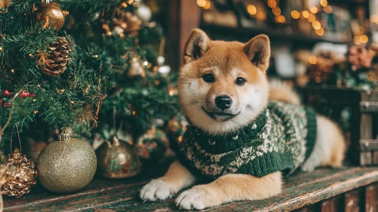 A Charming Shiba Inu Dressed in a Cozy Sweater Relaxing Near a Beautifully Decorated Christmas Tree Surrounded by Golden Ornaments and Warm Holiday Lights