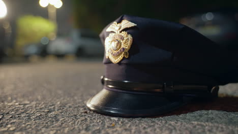 police hat on the ground with flashing lights of a police car