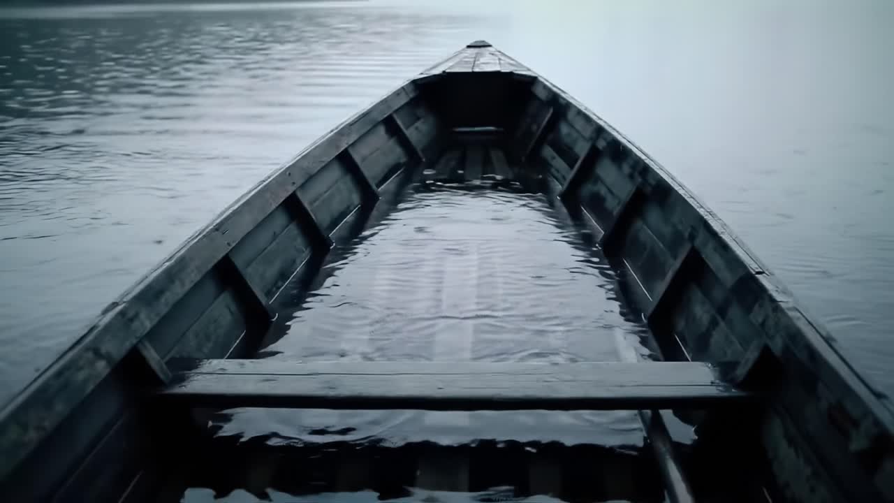 An empty wooden boat drifts gently on a calm lake while raindrops create ripples across the water surface. The soft morning light casts a tranquil ambiance, enhancing the peaceful setting.