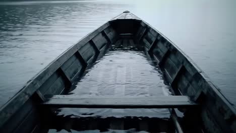 an empty wooden boat drifts gently on a calm lake while raindrops create ripples across the water surface. the soft morning light casts a tranquil ambiance, enhancing the peaceful setting.