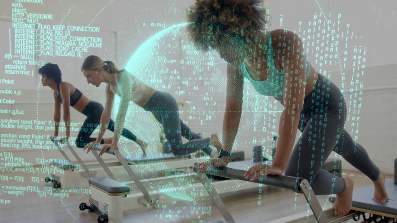 Women exercising on reformer machines with digital data overlay animation