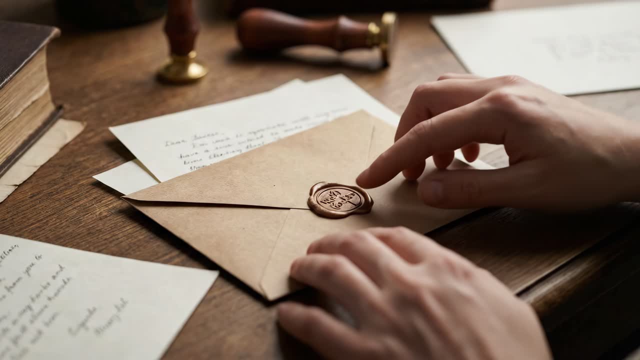 Mani che toccano delicatamente una busta vintage sigillata con cera su una scrivania di legno