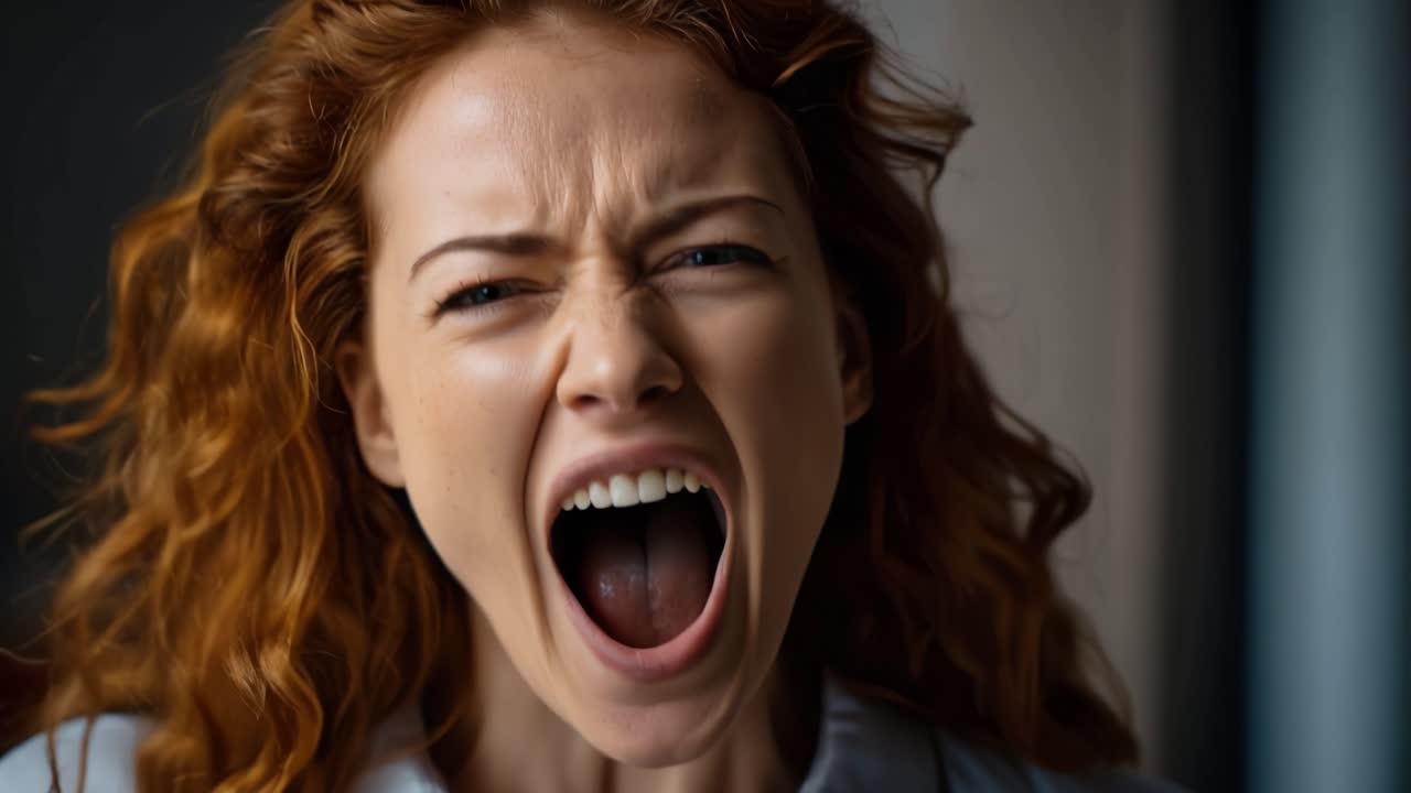 Un'Espressione Pura di Emozione: Una Donna dai Capelli Rossi Mostra Rabbia e Frustrazione Intense in Due Inquadrature Accattivanti da una Potente Narrativa Video