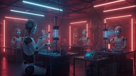 a scene of advanced robotics: a room full of futuristic androids engaging in collaborative research under neon lights