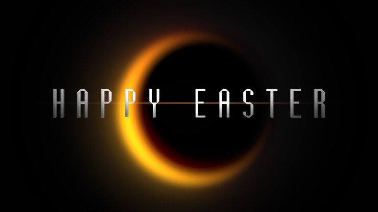 Happy Easter text with yellow moon in galaxy