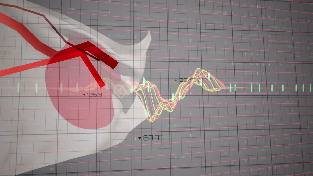 회색 배경에 있는 일본 국기 위의 그래프 및 데이터 처리 애니메이션