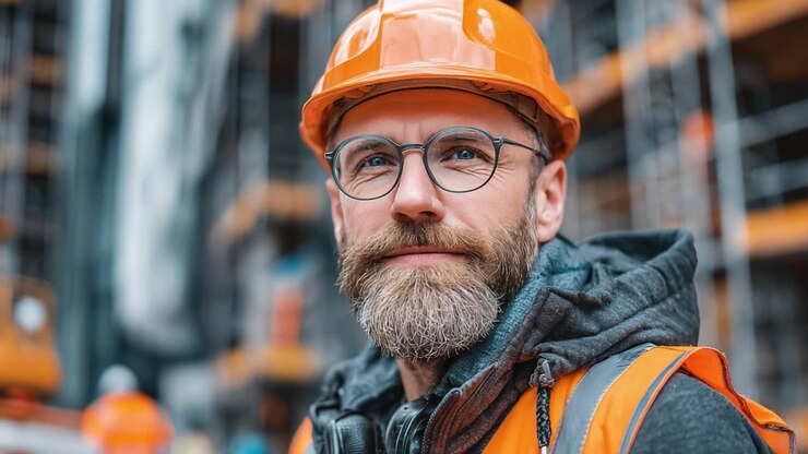 A confident construction worker stands at a bustling building site, wearing a bright orange hard hat and safety gear, showcasing commitment to safety and professionalism in the industry