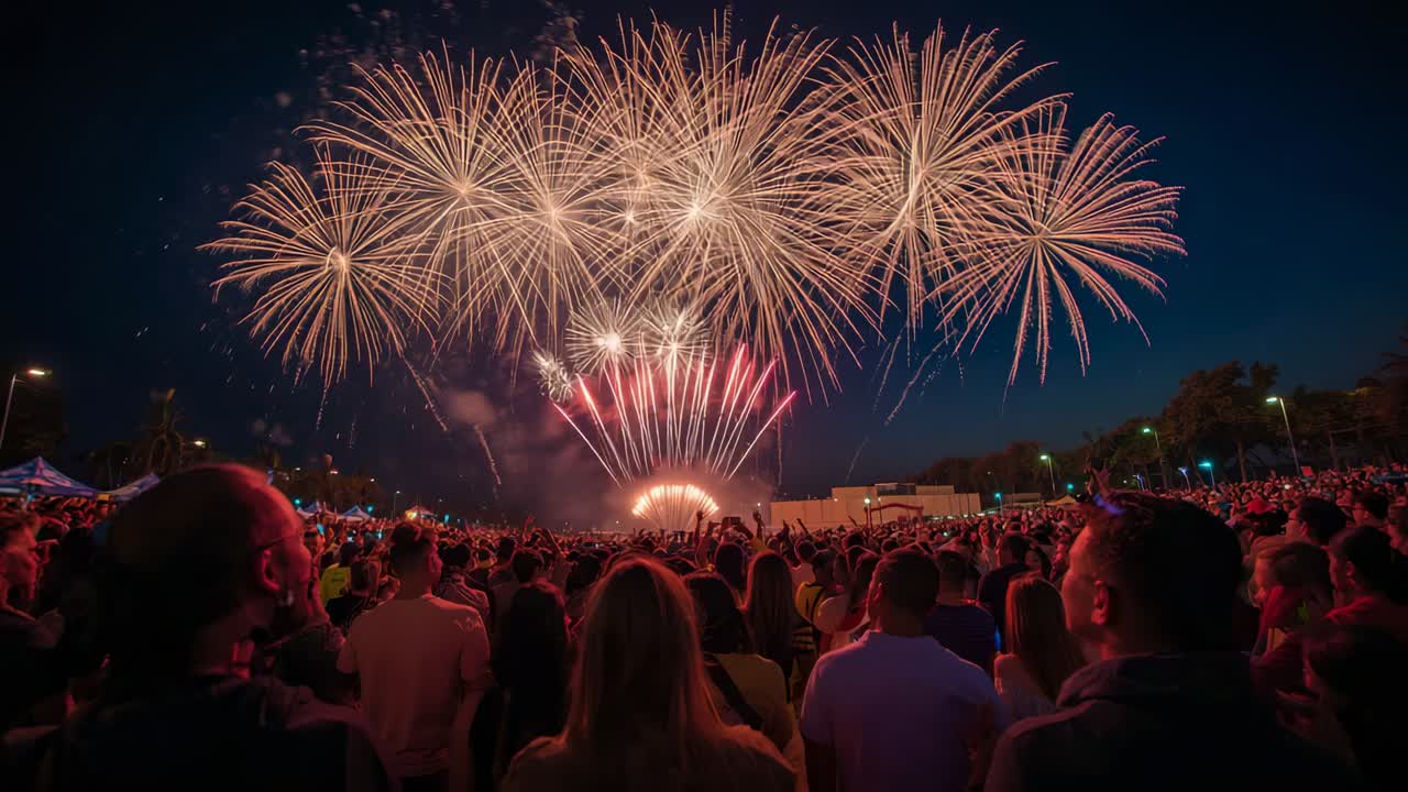 Firing fireworks launching white sparks, red rocket trails, golden bursts over fair, crowd filming