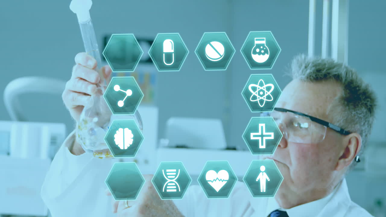 의료 아이콘의 애니메이션과 백인 남성 과학자에 대한 데이터 처리