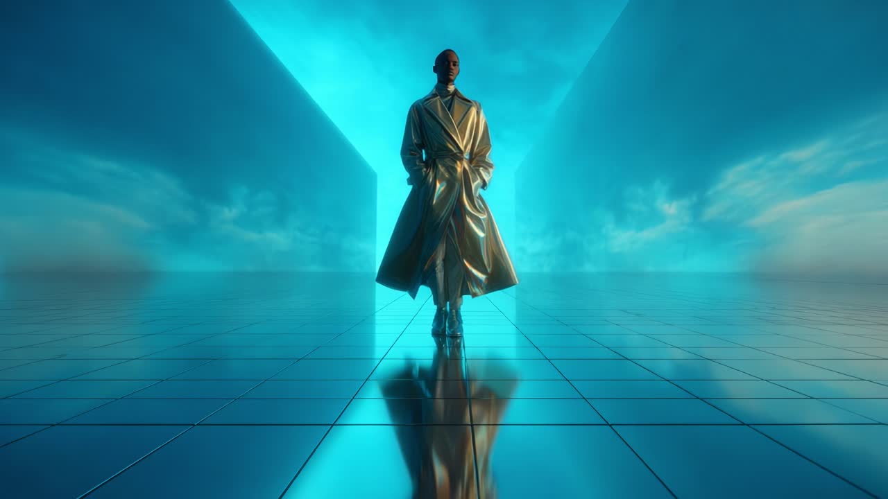 A Mysterious Figure in a Golden Trench Coat Walks Towards a Futuristic Portal Surrounded by Ethereal Light and Reflections on the Shimmering Floor, Creating an Enigmatic Atmosphere of Adventure and Discovery