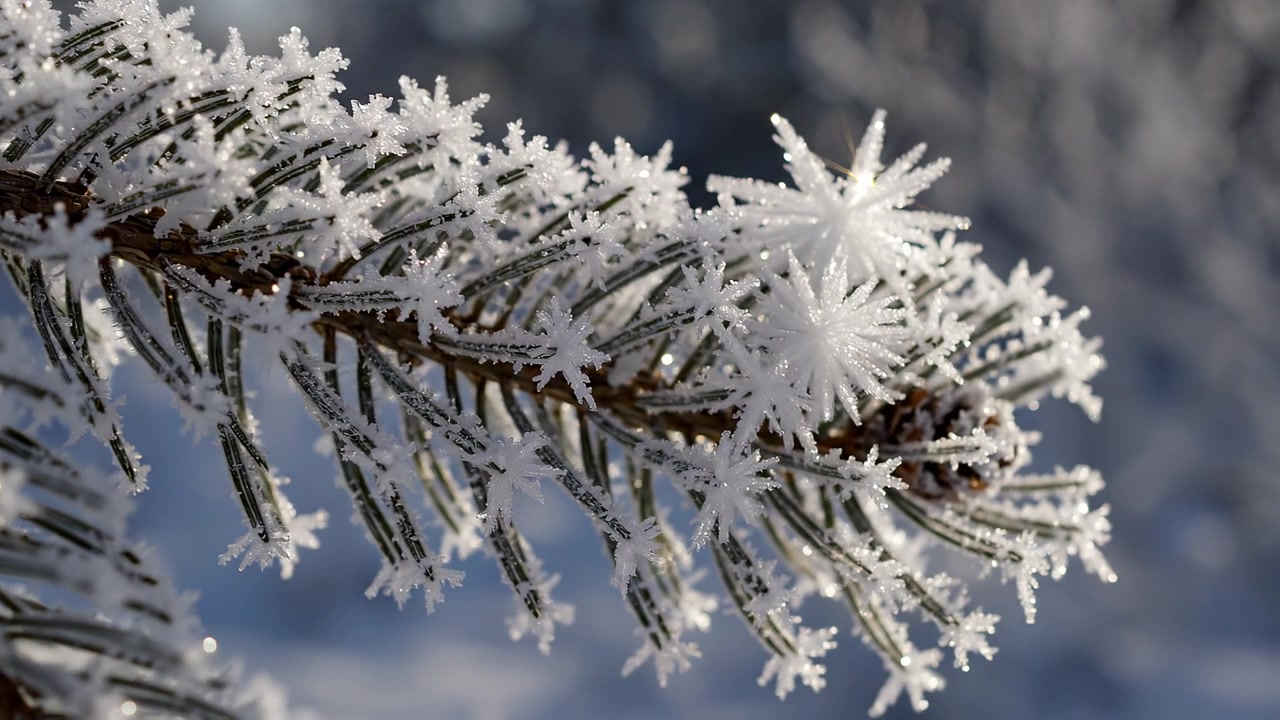 Detaljert rimfrost og iskrystaller på en frossen gren