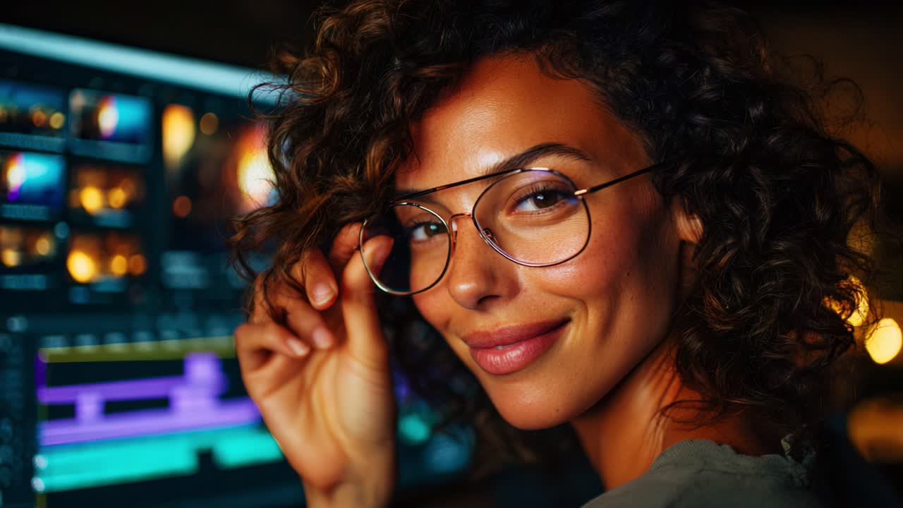 A creative individual with curly hair and glasses smiles confidently while editing video content, showcasing a vibrant workspace filled with colorful editing software and tools