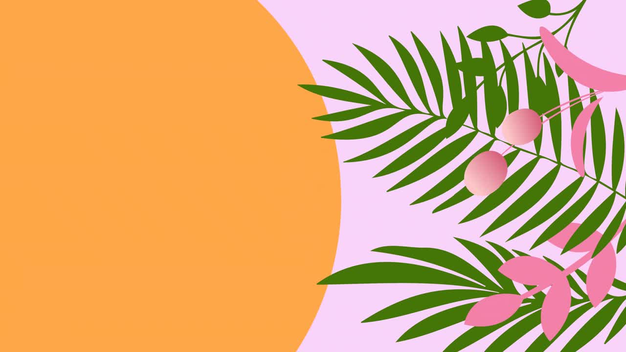 animación de hojas de plantas tropicales en fondo naranja y rosa