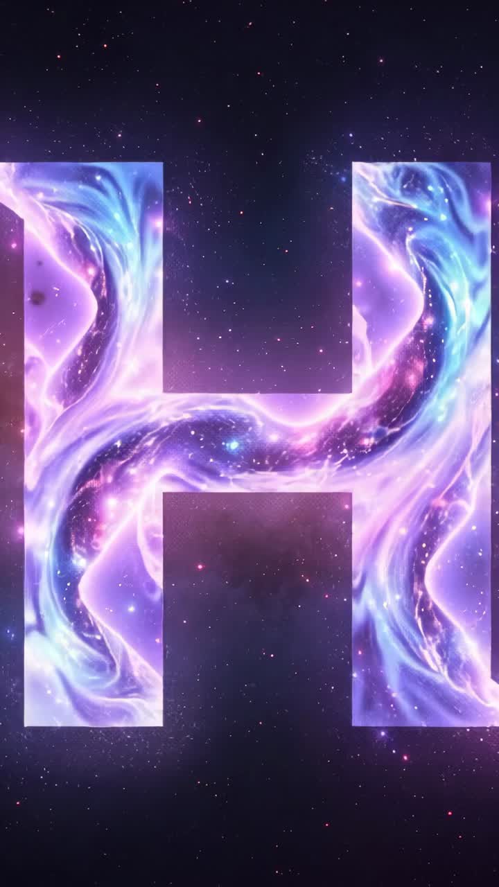 Vertical video: Initiating nebula forming letter H in deep space, pulsing purple-blue gas looping