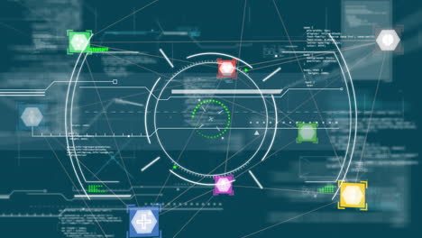 animation of data processing and web connections and icons floating over circles