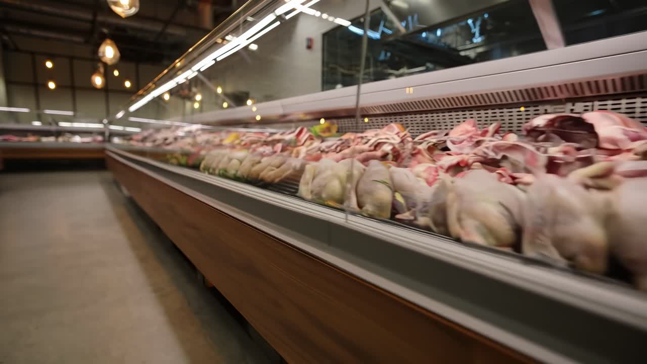 Wide-angle video of a meat display in a market, showcasing fresh cuts and poultry