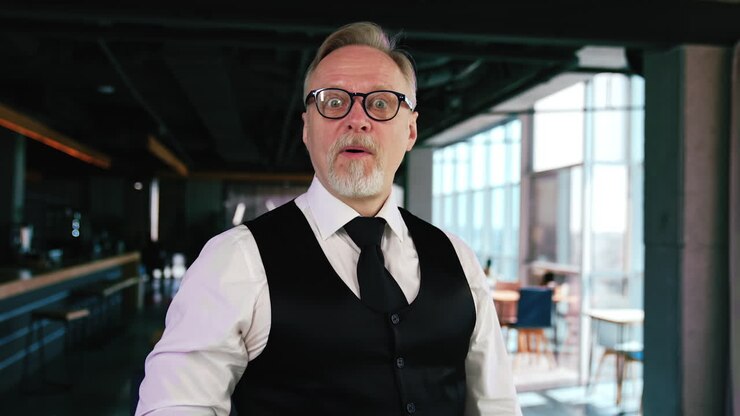 Old man puts on glasses and reacts with surprise on the difference in sight. Adult guy puts off glasses and sees badly.