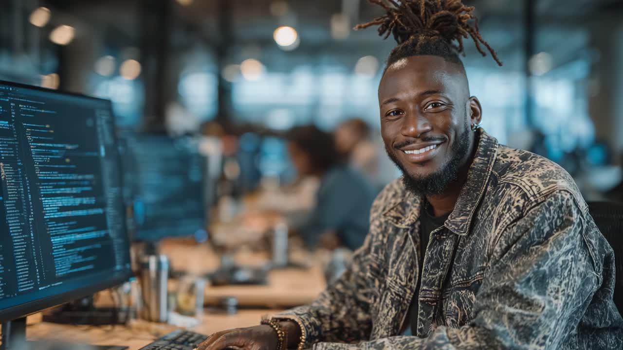 A Joyful Professional at Work: Capturing a Moment of Productivity and Positivity in a Collaborative Office Environment Focused on Technology and Innovation