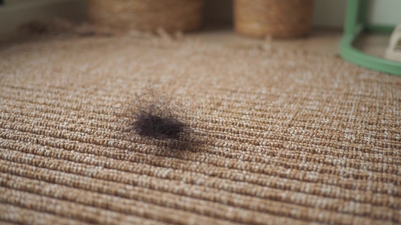 Ciuffo di capelli scuri su un tappeto intrecciato beige