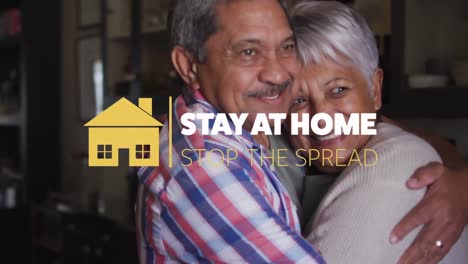 animación de quedarse en casa dejar el texto extendido sobre pareja de ancianos abrazando en casa
