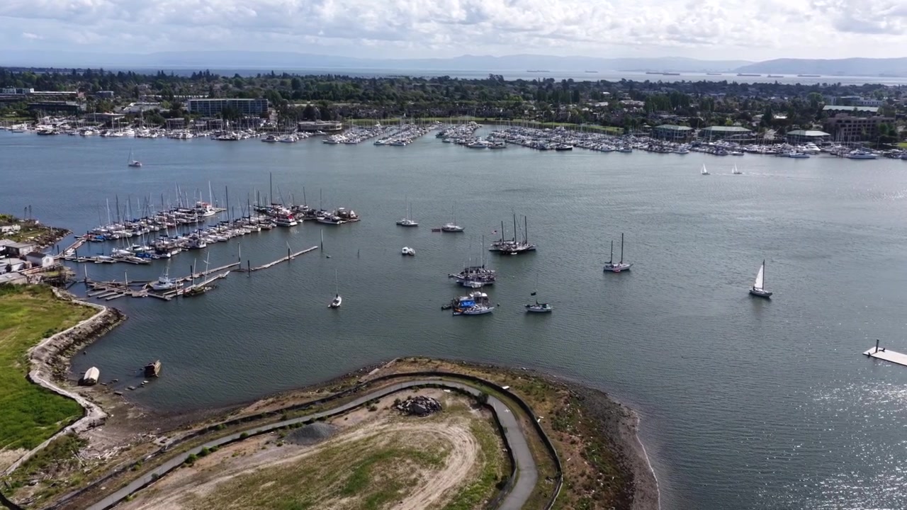 Oakland marina with sailboats, moored vessels, sandy peninsula, waterfront residential area and distant mountain range under partly cloudy sky and sunlight. California, USA. Aerial flyover shot