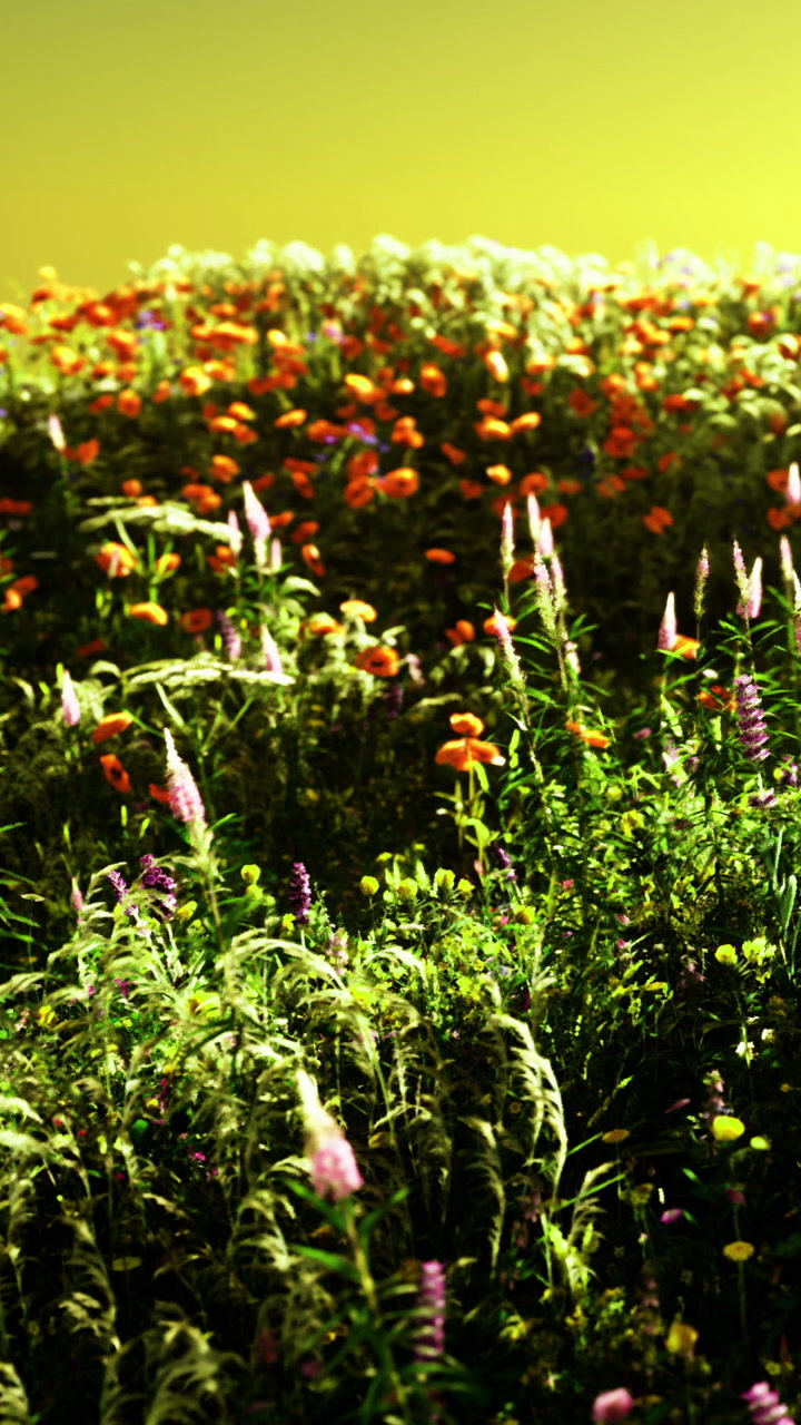 Vibrant flowers bloom in bright colors under sunny sky in open field