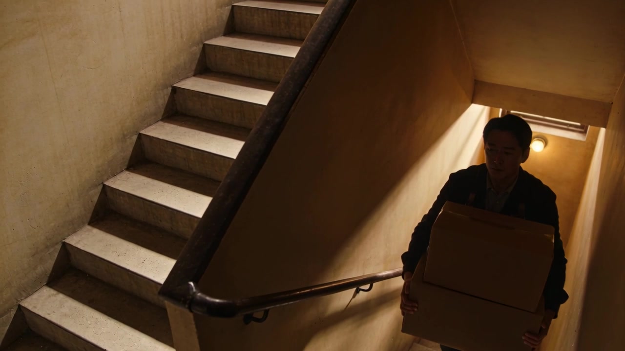 Carrying two boxes man in coat coming to landing, climbing stairs delivering items, copy space