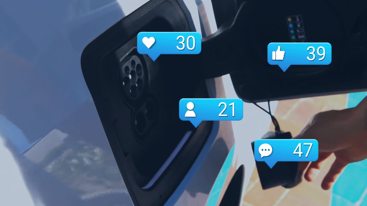 female driver inserting cable into electric vehicle port outdoors, showing animated social icons
