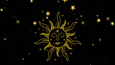 Animation-of-gold-sun-and-gold-stars-over-snow-falling-on-black-background