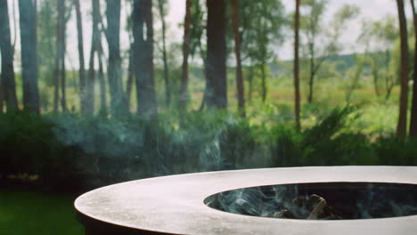 Empty-grill-outdoors.-Side-view-on-smoke-coming-from-firewood-smolders-in-grill