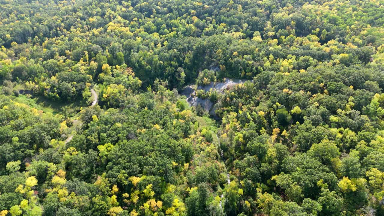 Drone footage of a dense forest valley with trees changing from green to yellow, featuring a rocky outcrop and winding paths below. A scenic landscape showcasing nature and seasonal transition