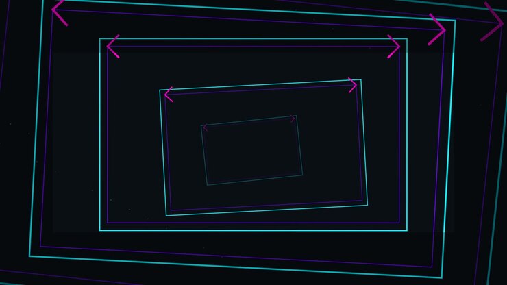 Abstract Tunnel of Glowing Neon Rectangles and Arrows