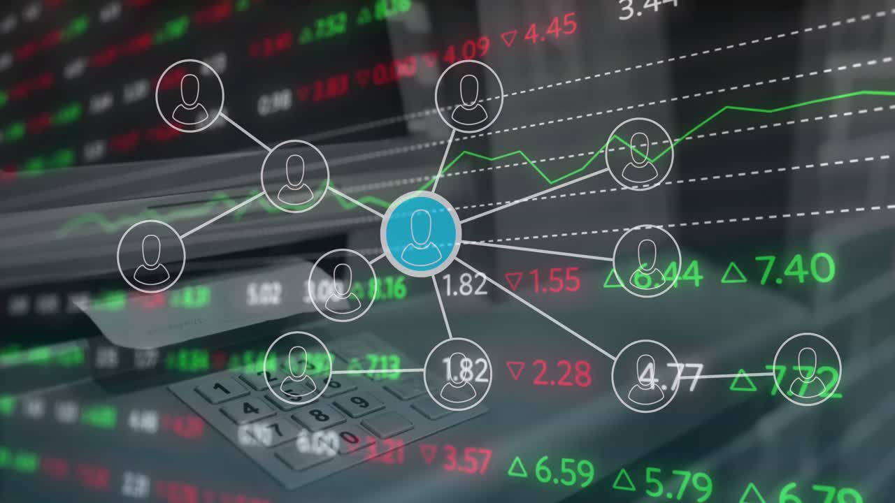 연결된 아이콘과 트레이딩 보드의 애니메이션은 장비 기계의 숫자 패드의 클로즈업입니다.