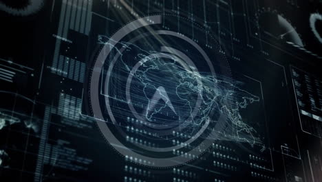 world map and data processing animation with circular interface elements