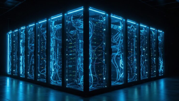 Illuminated Data Center: A Captivating Look at a High-Tech Server Room Featuring a Network of Cables and Gleaming LED Lights in a Modern Digital Infrastructure