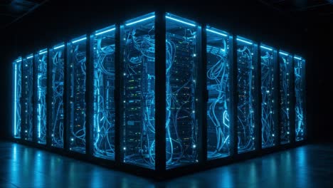 illuminated data center: a captivating look at a high-tech server room featuring a network of cables and gleaming led lights in a modern digital infrastructure