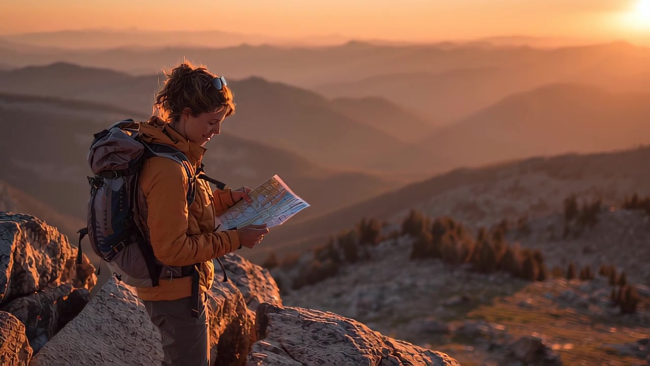 Footage of a woman backpacker studying a paper map on a rocky mountain peak at golden hour, planning a route with layered ridgelines and warm sunset light